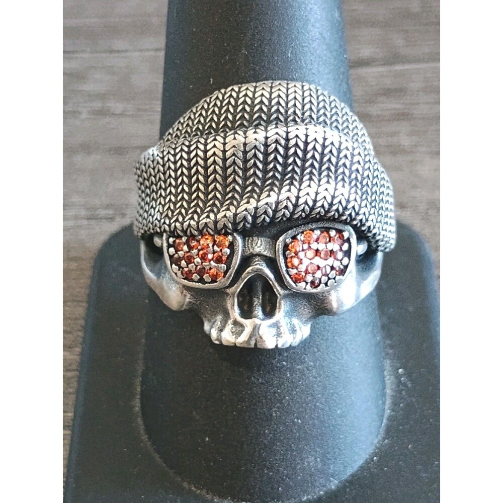 Skull Beanie Orange Rhinestone Glasses Sterling Silver Biker Gothic Ring Size 9